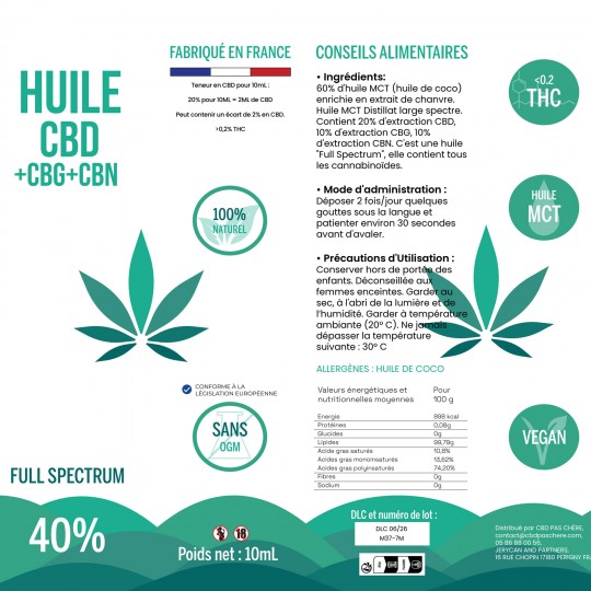 Huile CBD pas cher : Huile 40% CBD/CBN/CBG
