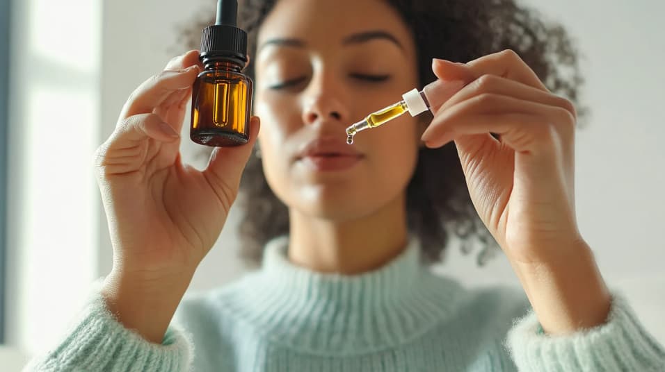 femme utilisant l'huile de CBD pour soulager douleurs