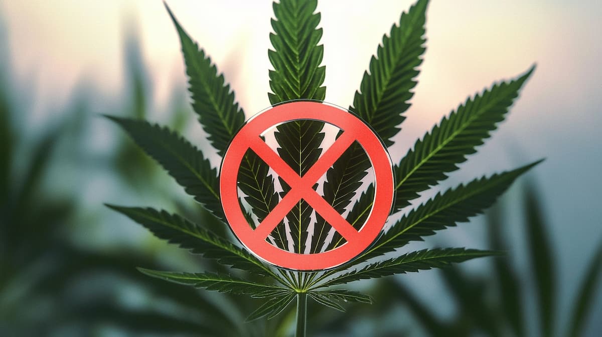 feuille de CBD barrée d'une interdiction